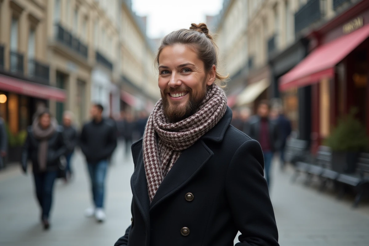 Femme confiante dans une rue urbaine avec barbe naturelle