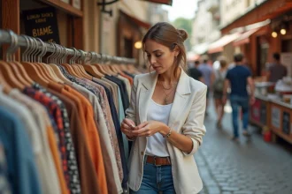 Femme parcourant des vêtements en vente privée dans un marché braderie animé