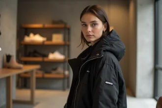 Femme portant une veste oversize de la collection streetwear Bullrot 2026 dans un concept store parisien en béton brut