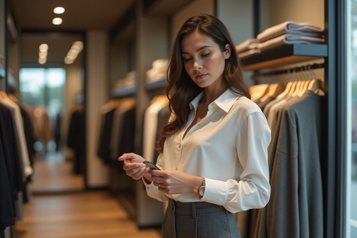Femme examinant une étiquette de vêtement dans une boutique de mode