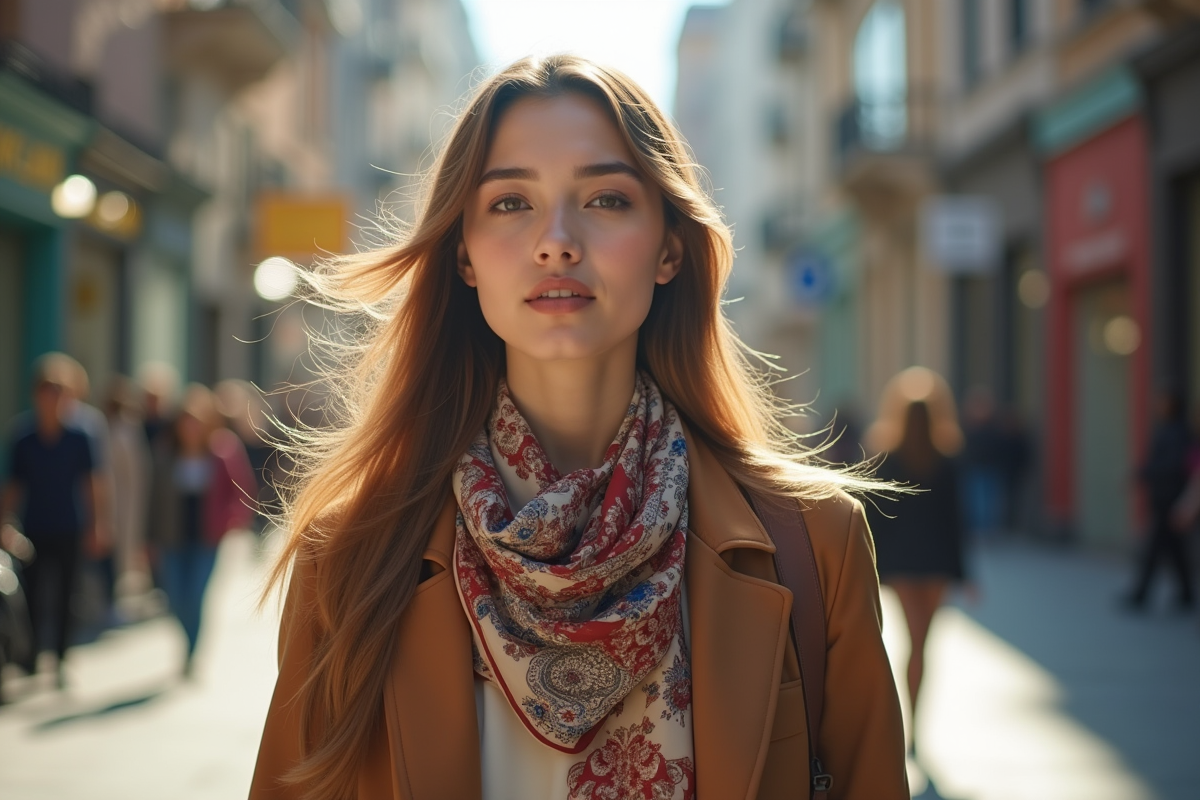 Jeune femme dans la ville portant une echarpe en soie tendance