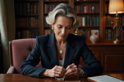 Femme élégante examine un collier en diamants vintage