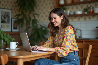 Femme souriante en blouse vintage et jeans hautes taille
