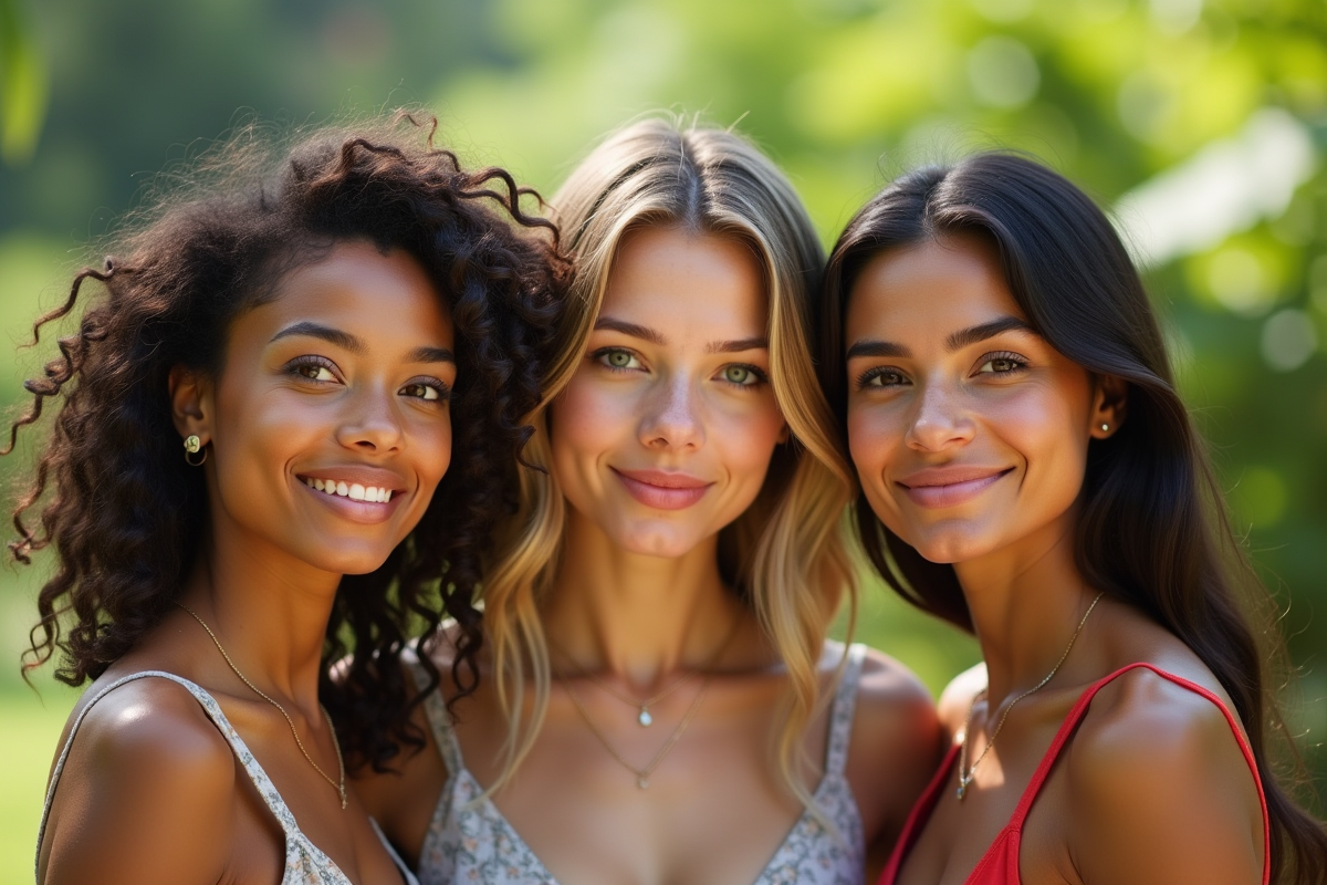 Trois femmes aux cheveux différents posant en extérieur ensoleille