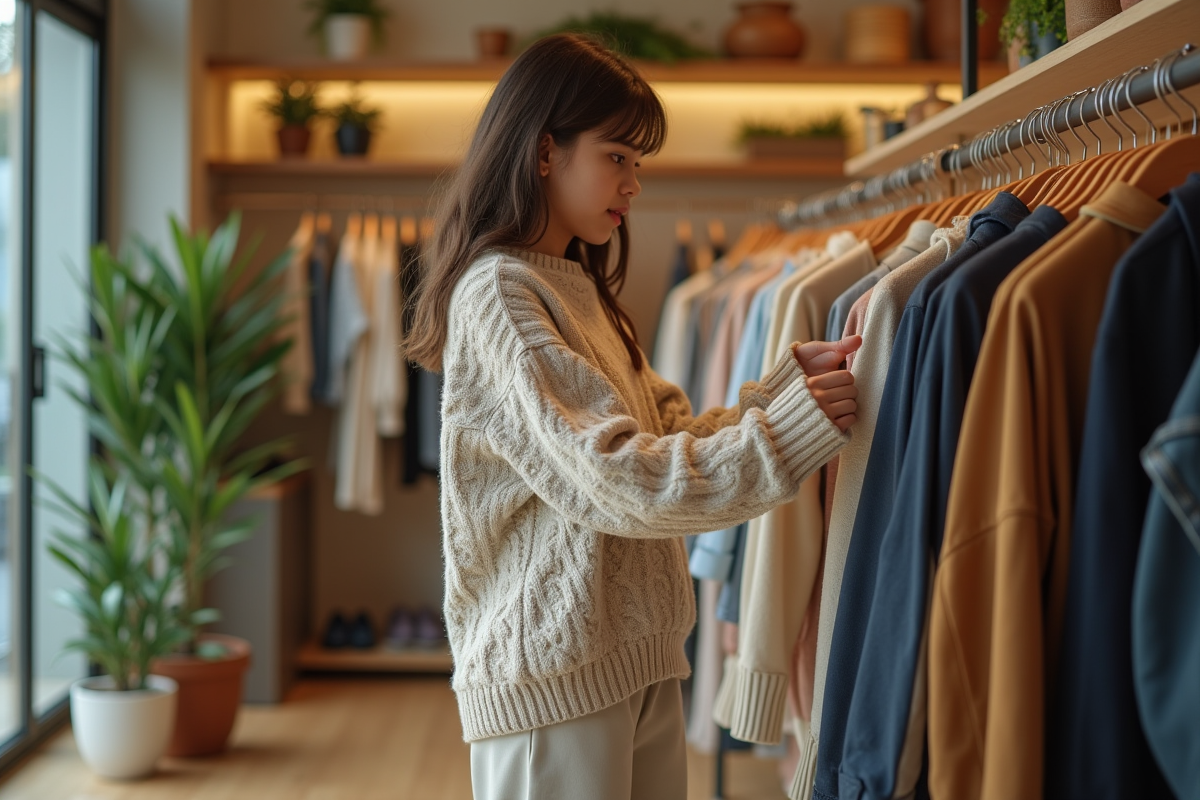 Jeune fille regardant des vêtements dans une boutique