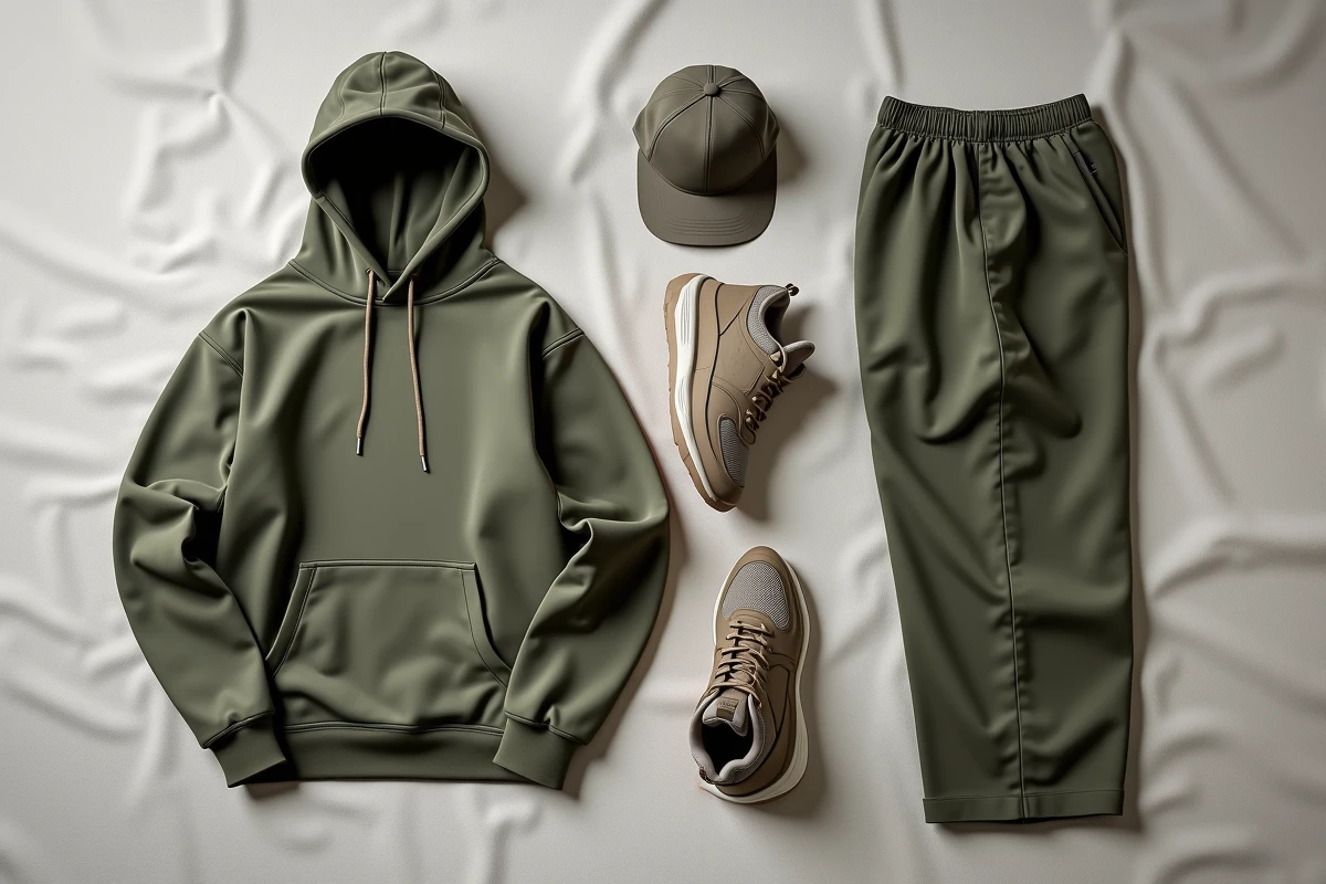Flat-lay éditorial des pièces clés de la nouvelle collection Bullrot 2026 — hoodie, pantalon large, casquette et sneakers sur fond lin gris