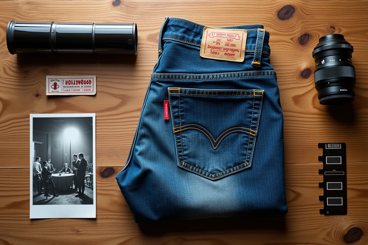 Composition editoriale en flat lay montrant un jean classique, une pellicule vintage et des souvenirs de cin&eacute;ma hollywoodien, illustrant l'histoire culturelle du denim dans la culture pop