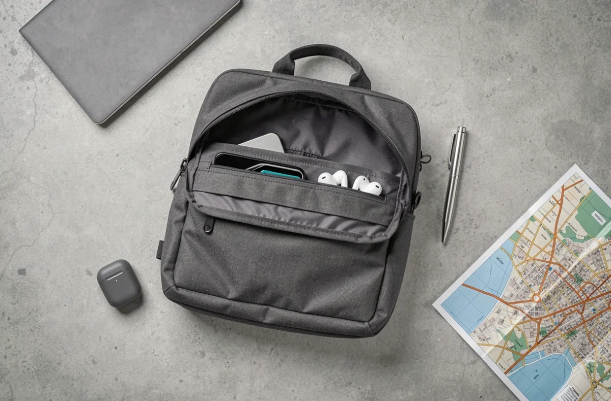 Flat lay d'un sac ordinateur pratique avec accessoires du quotidien sur fond béton gris clair