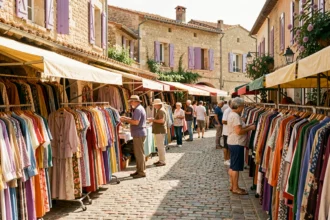 Marché de friperies en plein air en Provence avec des vêtements vintage colorés sur des portants le long d'une rue ensoleillée