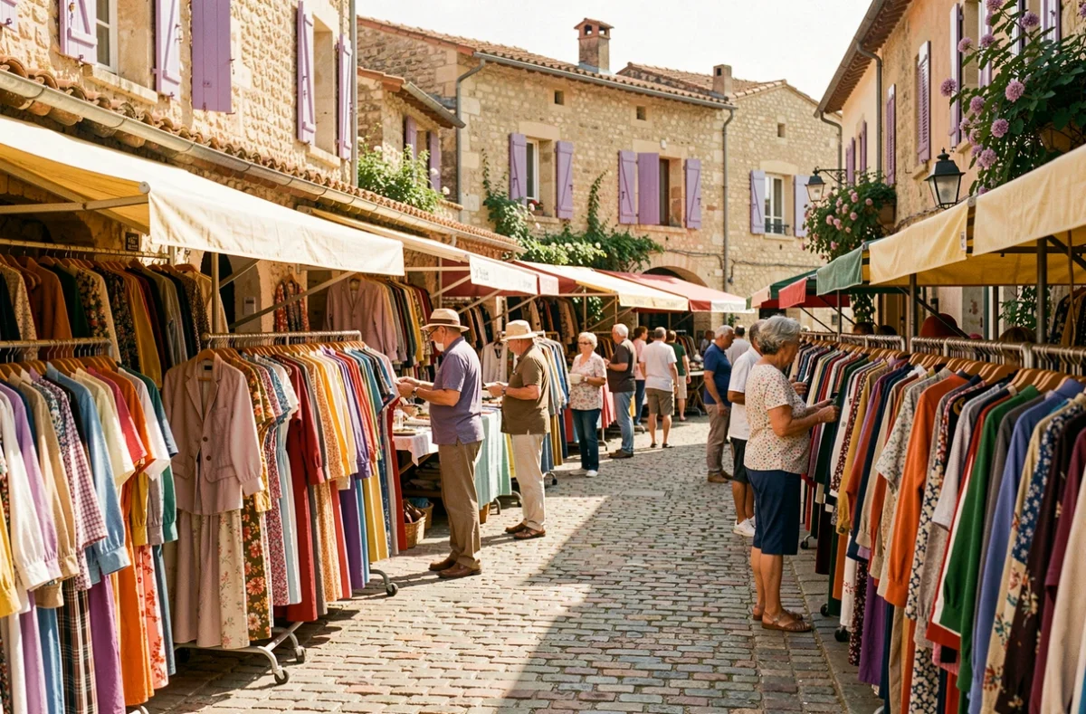 Marché de friperies en plein air en Provence avec des vêtements vintage colorés sur des portants le long d'une rue ensoleillée