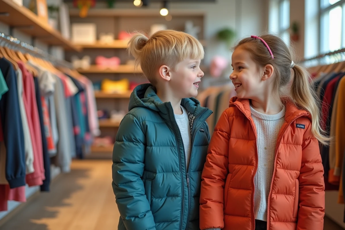 Deux enfants comparent des vestes dans une boutique de v&ecirc;tements pour enfants