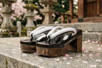 Paire de geta japonais traditionnels en bois laqué noir avec sangles en tissu blanc sur les marches d'un sanctuaire shinto, pétales de cerisier au sol