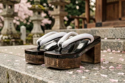Paire de geta japonais traditionnels en bois laqué noir avec sangles en tissu blanc sur les marches d'un sanctuaire shinto, pétales de cerisier au sol