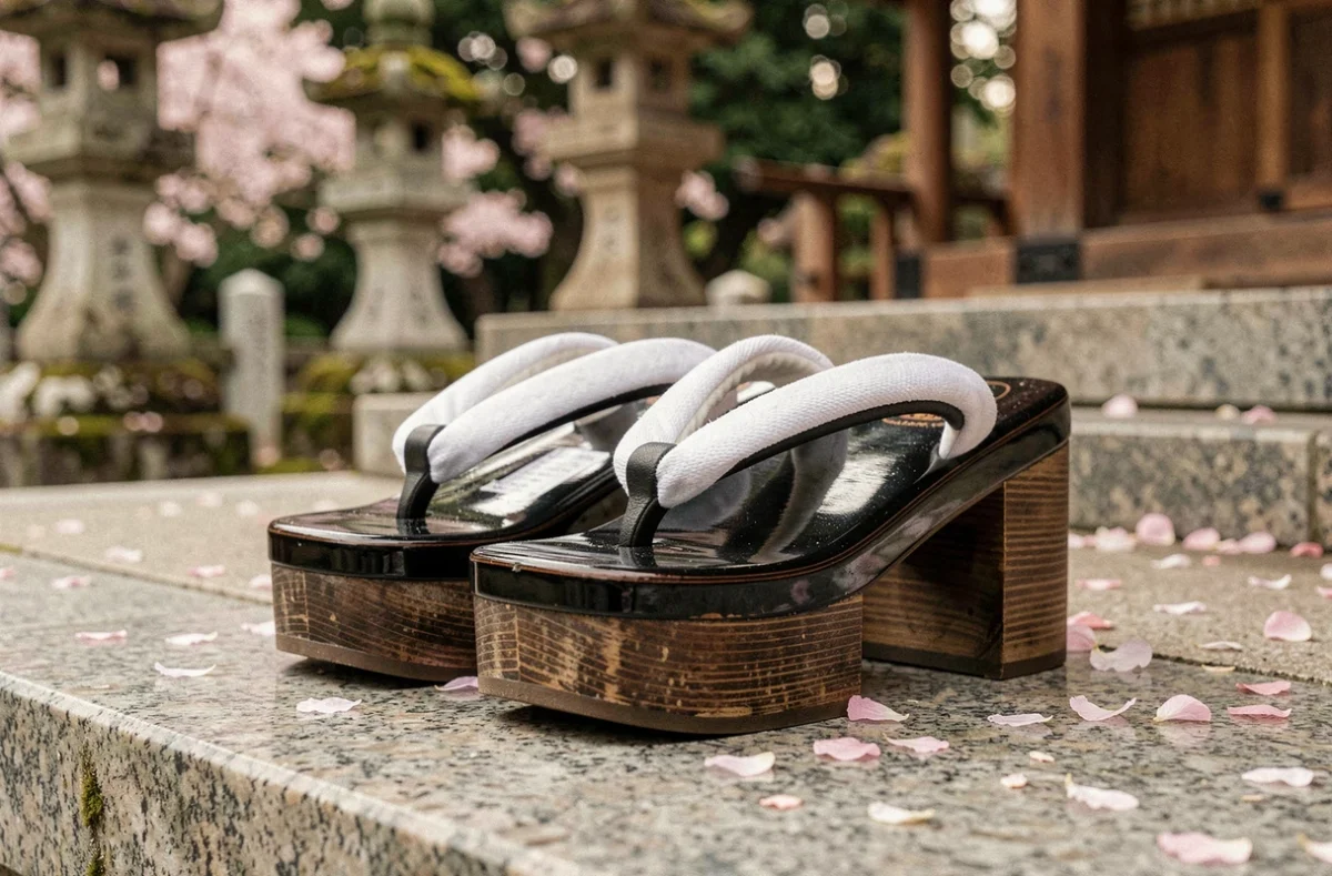 Paire de geta japonais traditionnels en bois laqué noir avec sangles en tissu blanc sur les marches d'un sanctuaire shinto, pétales de cerisier au sol