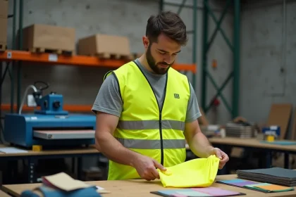 Ouvrier examinant un gilet jaune personnalisé avec logo imprimé dans un atelier de sérigraphie professionnel