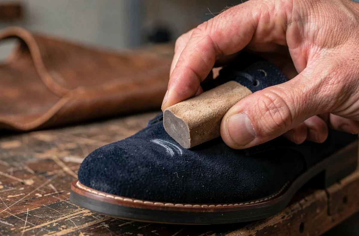 Gros plan de mains utilisant une gomme spéciale pour effacer une tache sur une sneaker en daim bleu marine