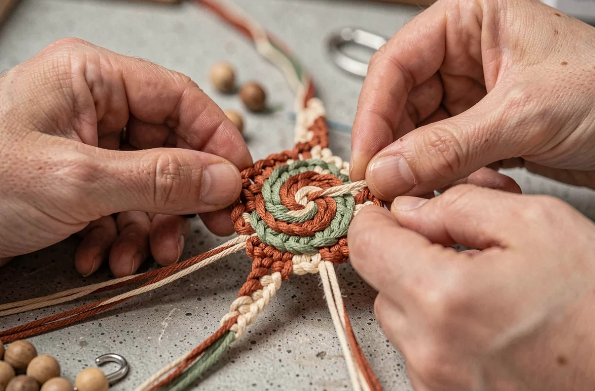 Gros plan sur des mains guidant un débutant dans la réalisation de nœuds colorés pour un bracelet macramé