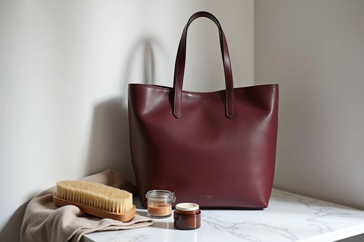 Gros plan sur un sac en cuir bordeaux avec accessoires d'entretien du cuir sur marbre blanc dans un atelier minimaliste