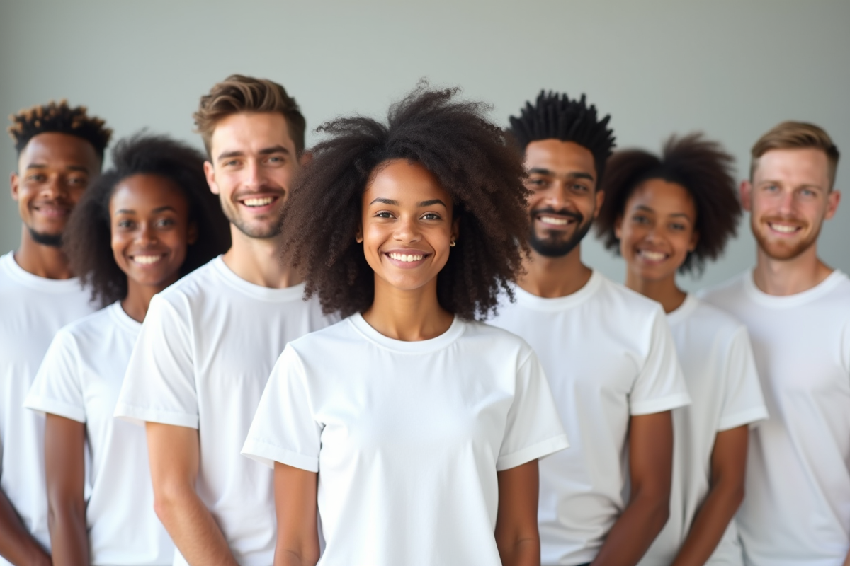 Groupe d adultes portant t shirts blancs avec étiquette M