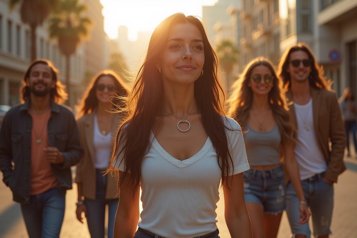 Groupe d amis marchant en ville avec styles variés au coucher du soleil