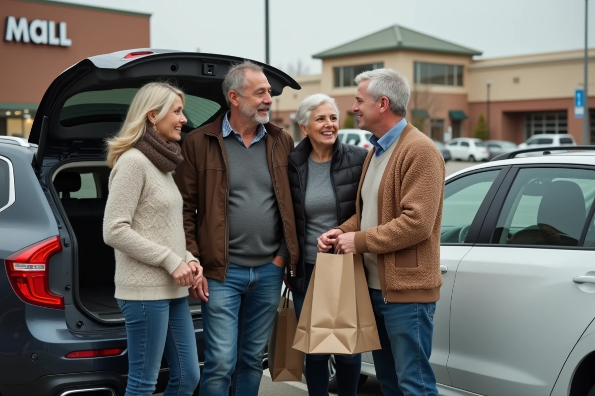 Groupe familial d&eacute;chargeant courses devant centre commercial