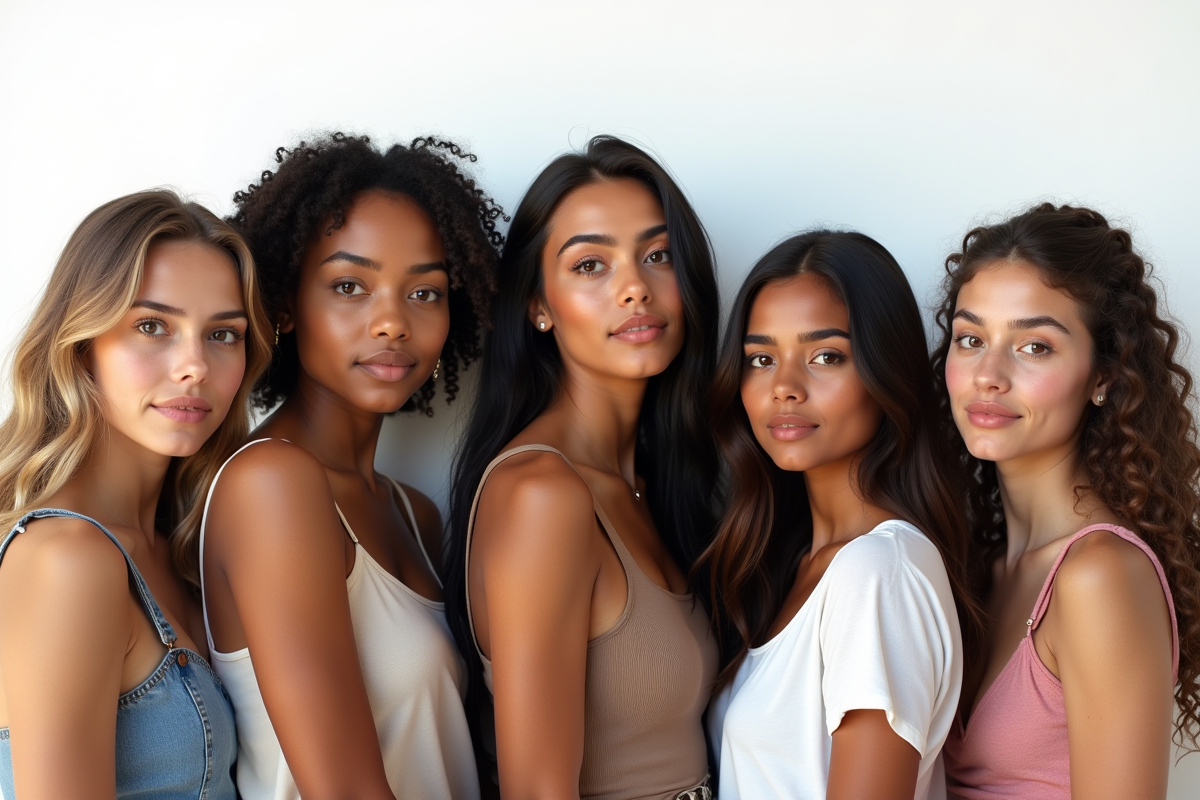 Groupe de jeunes adultes à la beauté naturelle devant un fond blanc