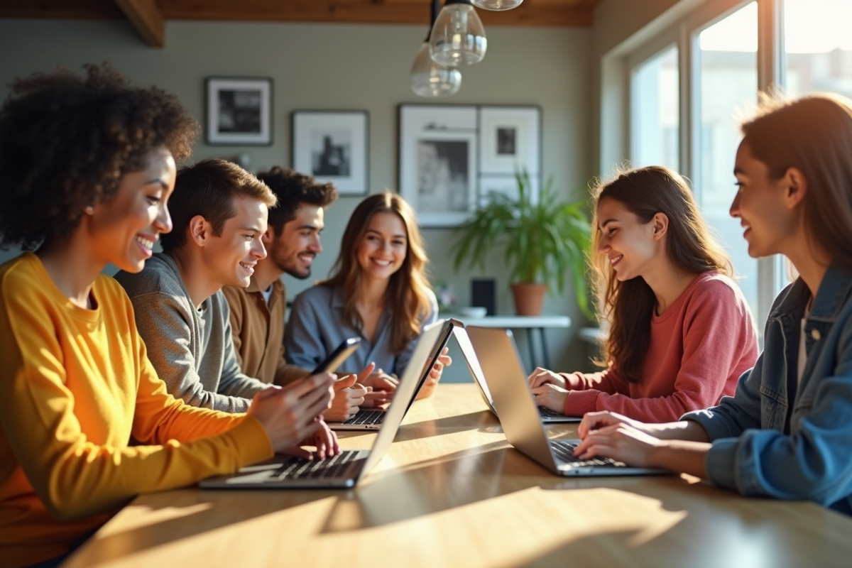 Groupe de jeunes adultes faisant du shopping en ligne pour des vêtements