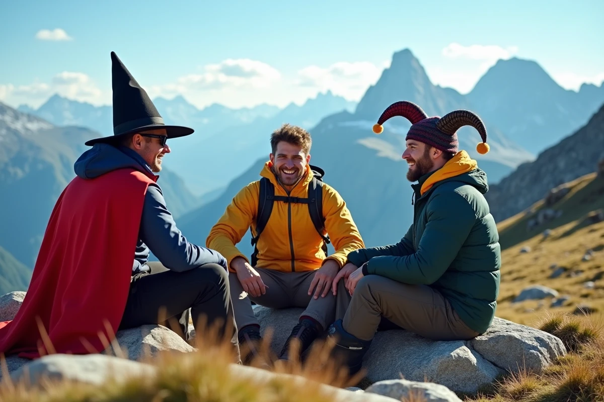 Groupe de randonneurs portant des éléments de déguisement inadaptés lors d'une pause au col de montagne, souriant malgré l'inconfort des costumes
