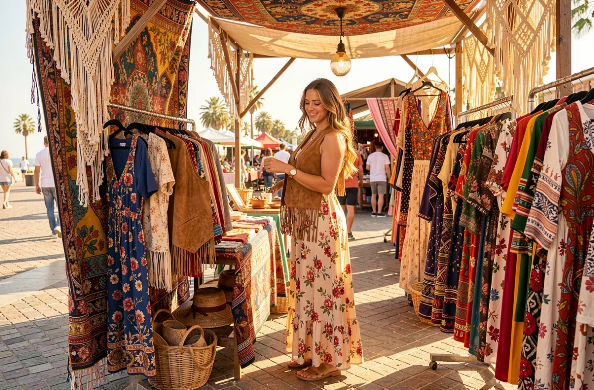 Marché vintage en plein air Hippy Market Nice avec des drapés colorés, des décorations en macramé et une cliente essayant un gilet en daim franges