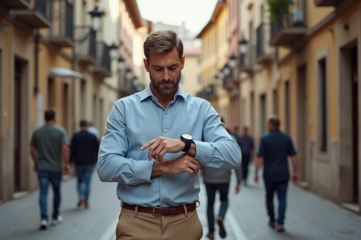 Homme en tenue décontractée vérifiant sa montre dans une vieille ville
