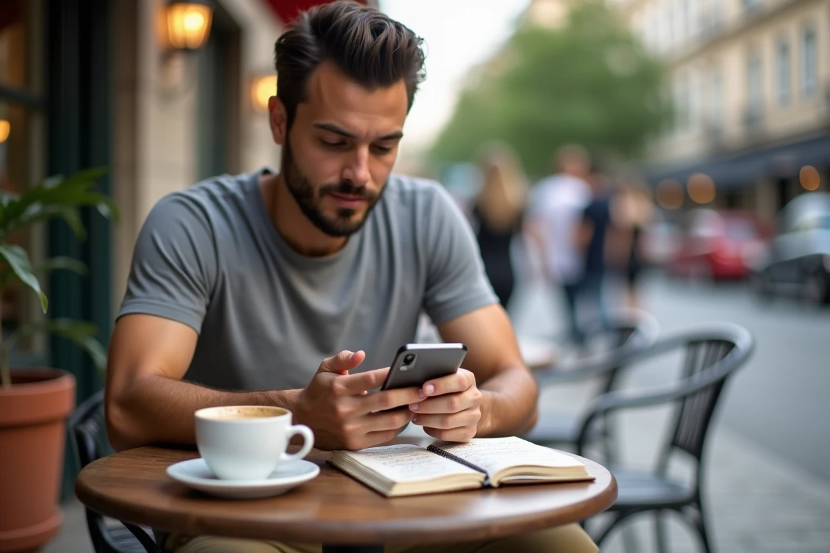 Homme consultant une application de vente privée sur smartphone dans un café en plein air