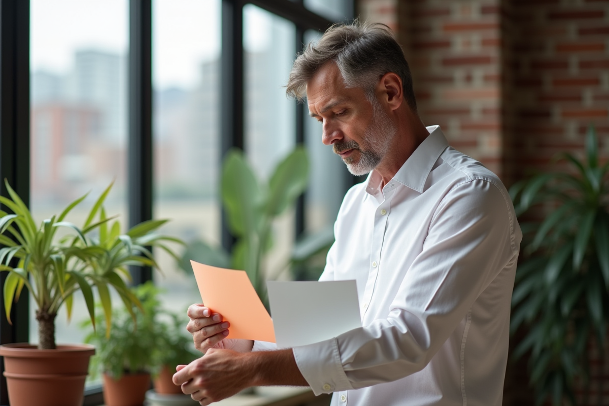 Homme comparant des papiers dans un atelier lumineux