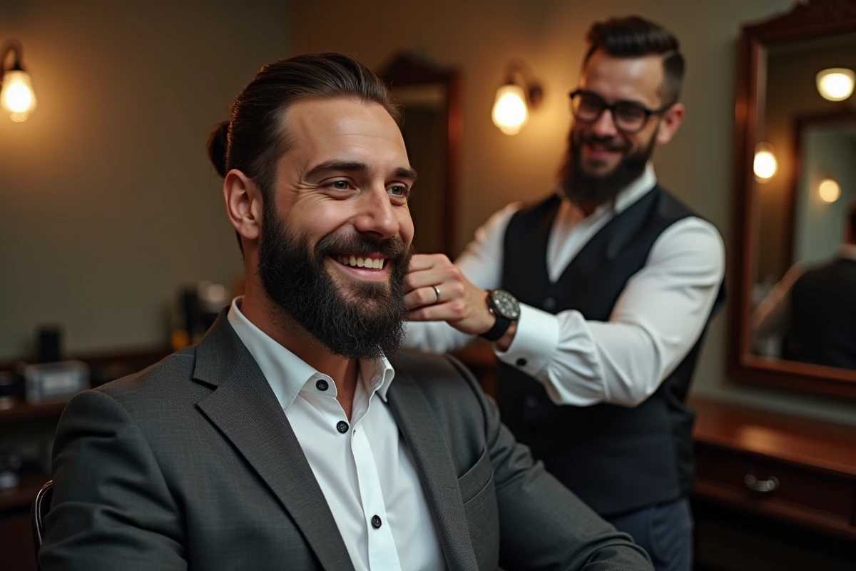 Homme élégant en salon de coiffure vintage avec barbe soignée