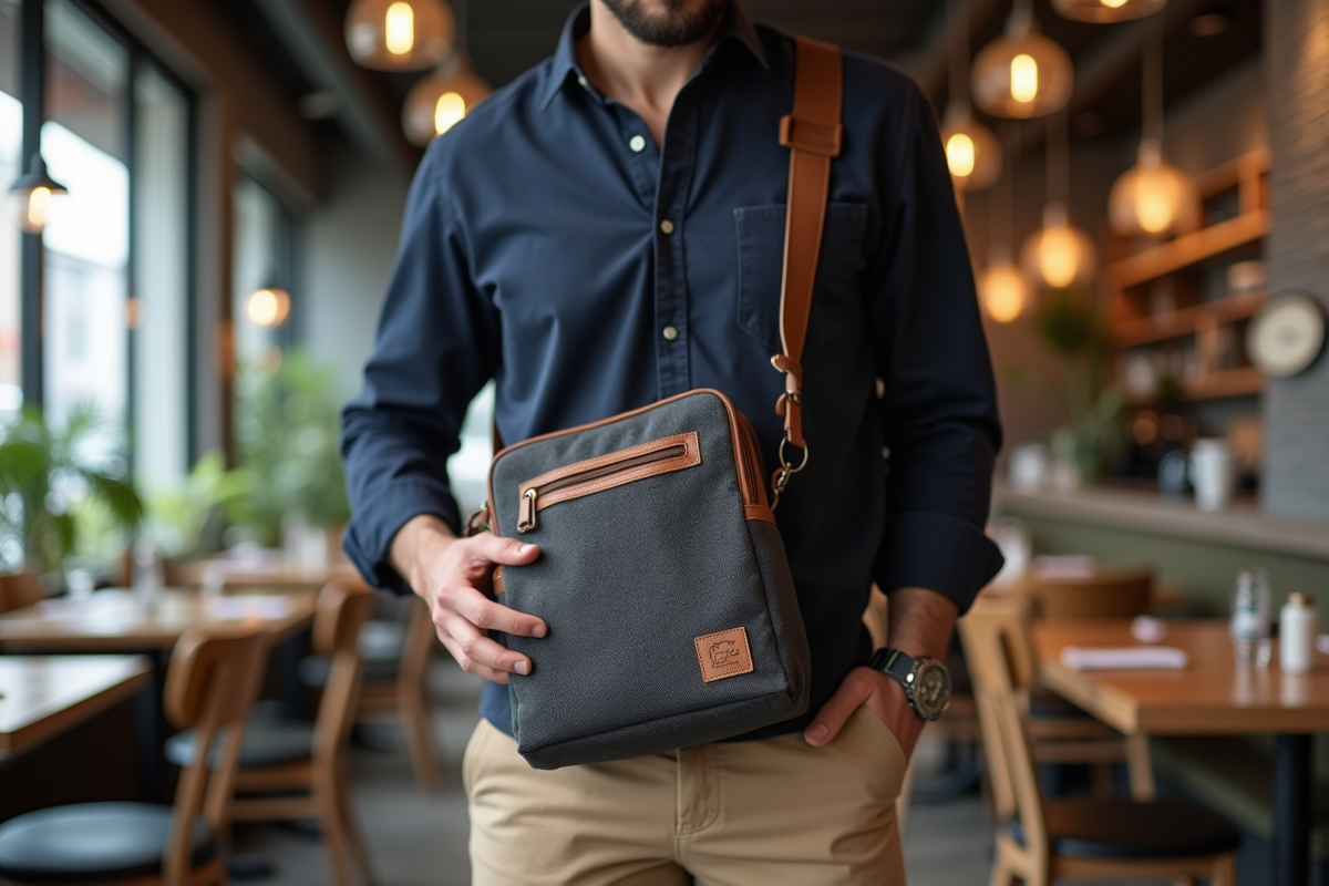 Homme ajustant sac en toile dans un café moderne