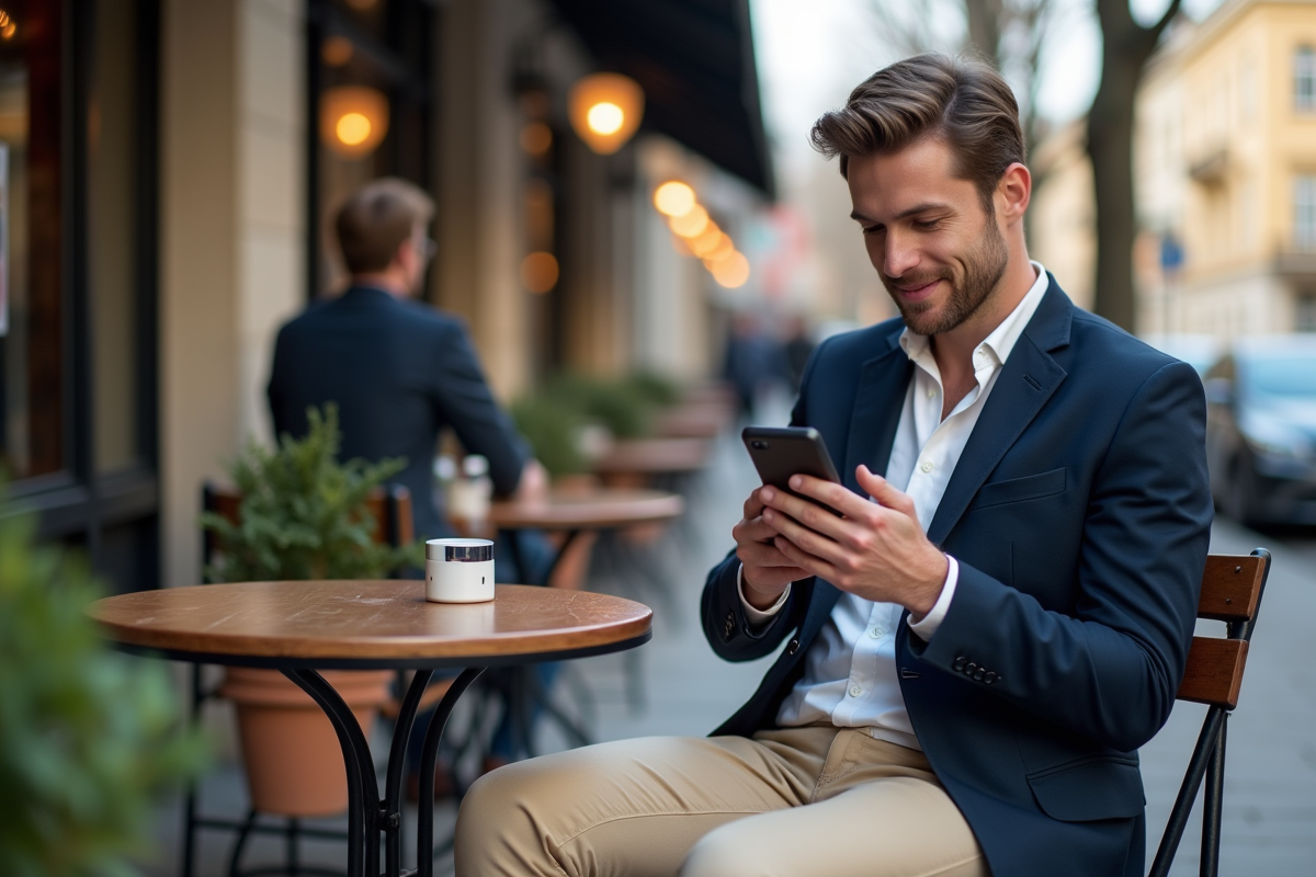 Homme en blazer navy au café en ville regardant son smartphone