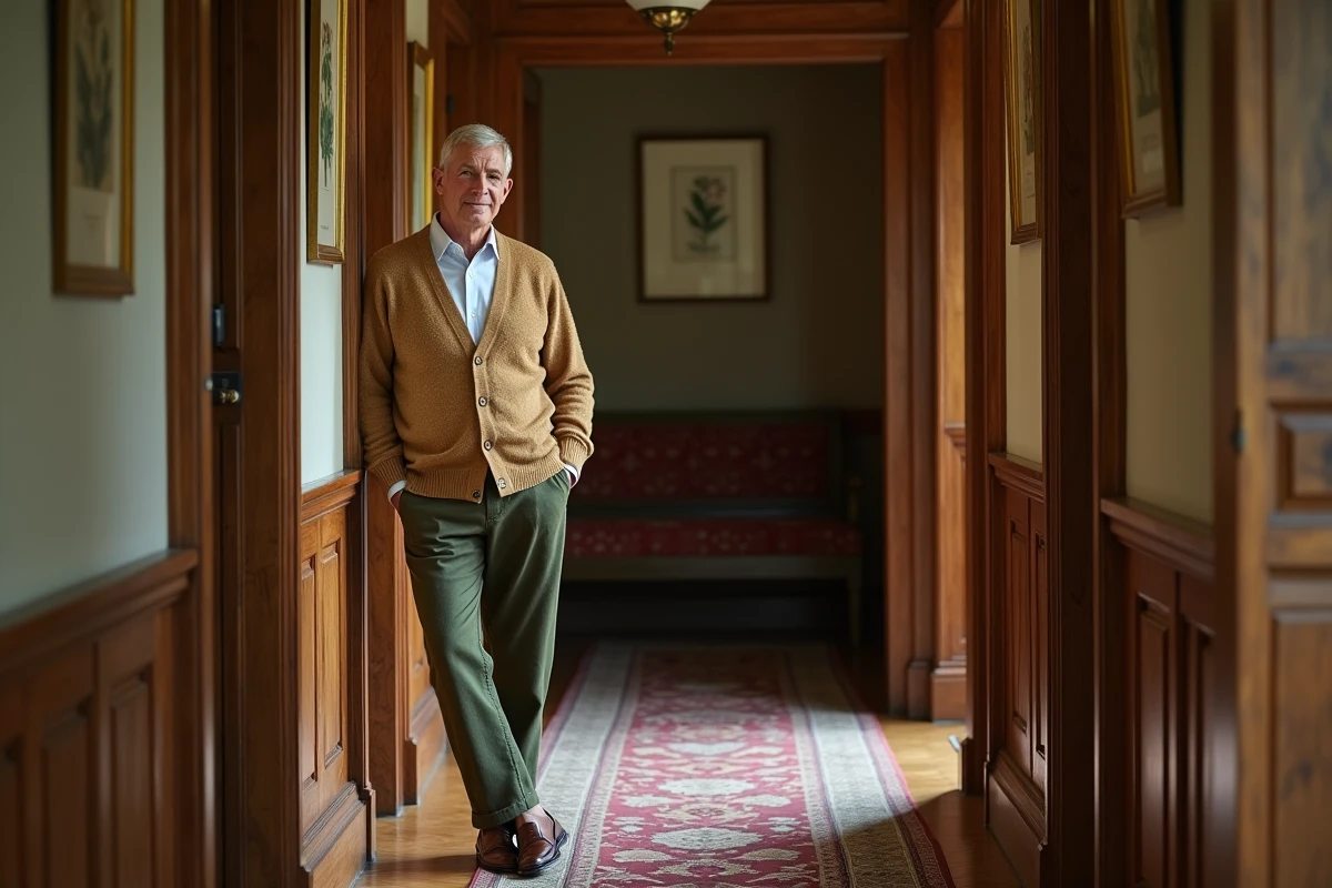 Homme mature en cardigan cachemire chevrons camel dans un couloir de manoir campagnard, style élégant décontracté
