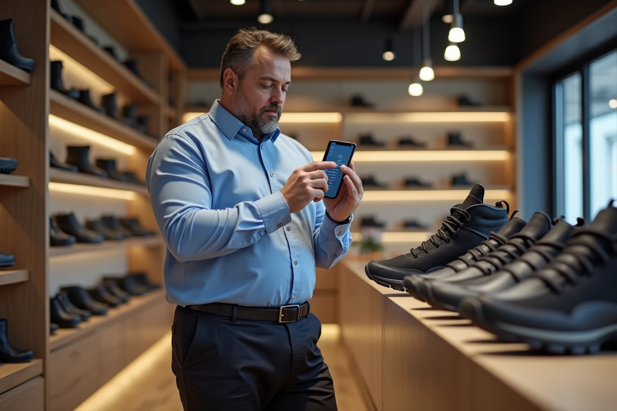 Homme en magasin de chaussures utilise un convertisseur de pointure