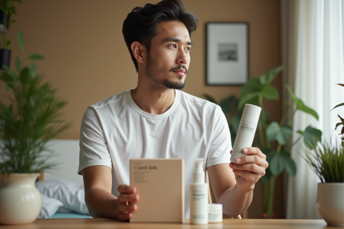 Homme examine deux produits de soin koreens dans sa chambre