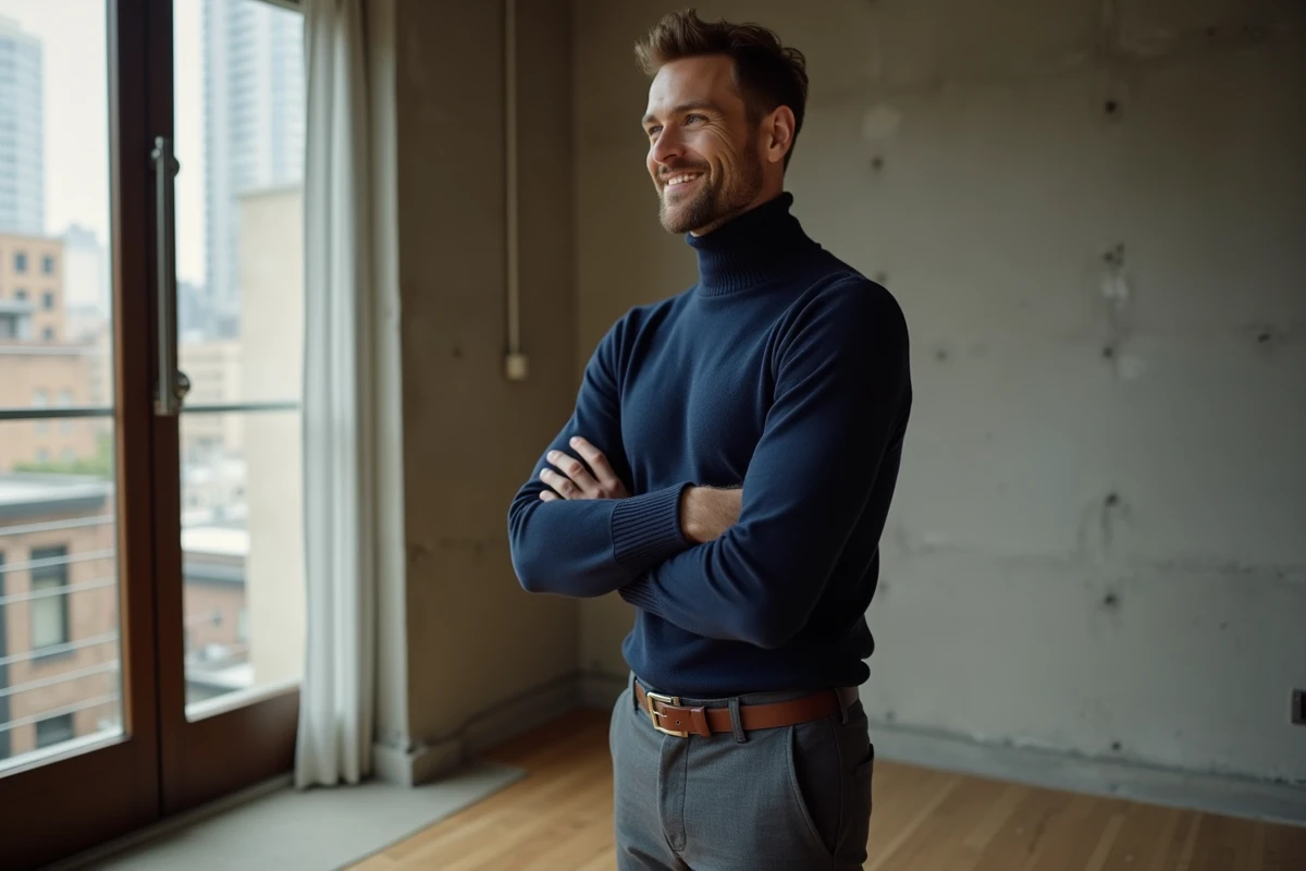 Homme élégant en col roulé cachemire bleu marine dans un appartement minimaliste, style masculin raffiné