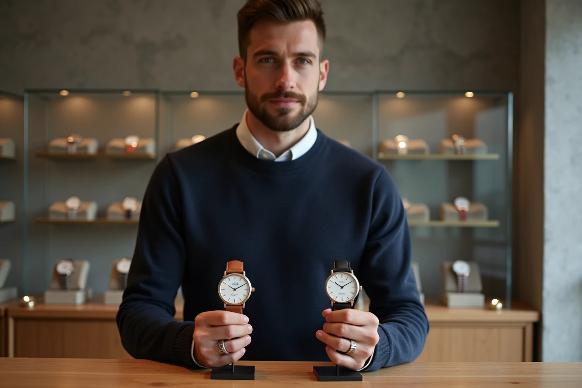 Homme comparant deux montres tendance dans une boutique horlogerie moderne et épurée