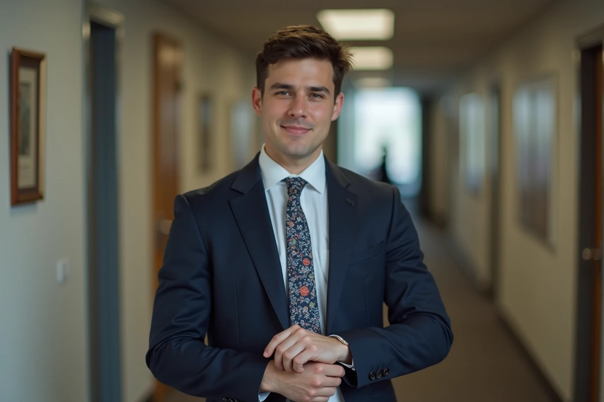 Homme ajustant sa manche avec cravate florale en bureau