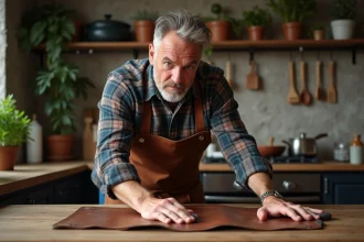 Homme d'âge moyen nettoyant un tablier en cuir dans la cuisine