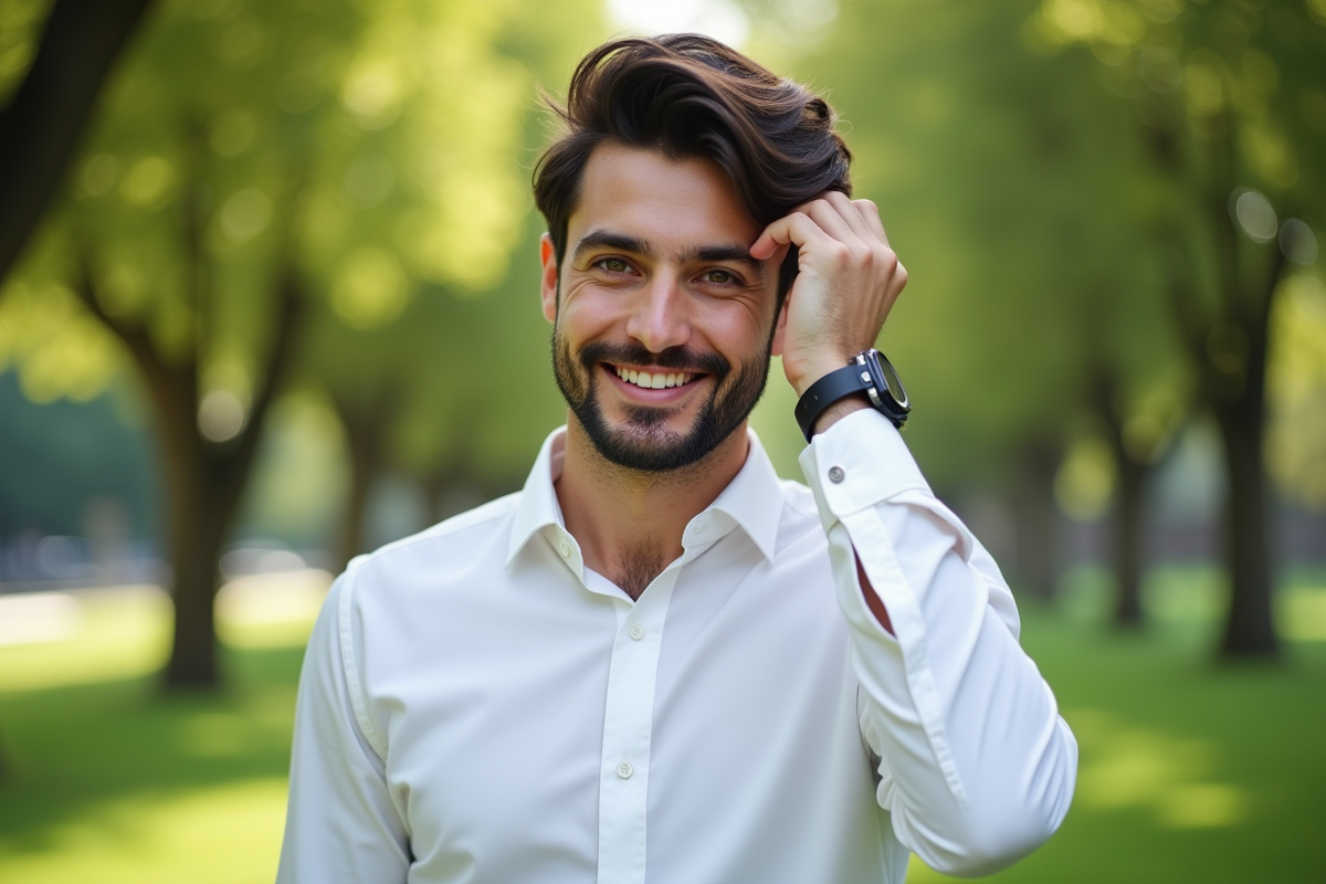 Homme en plein air ajustant ses cheveux dans un parc verdoyant
