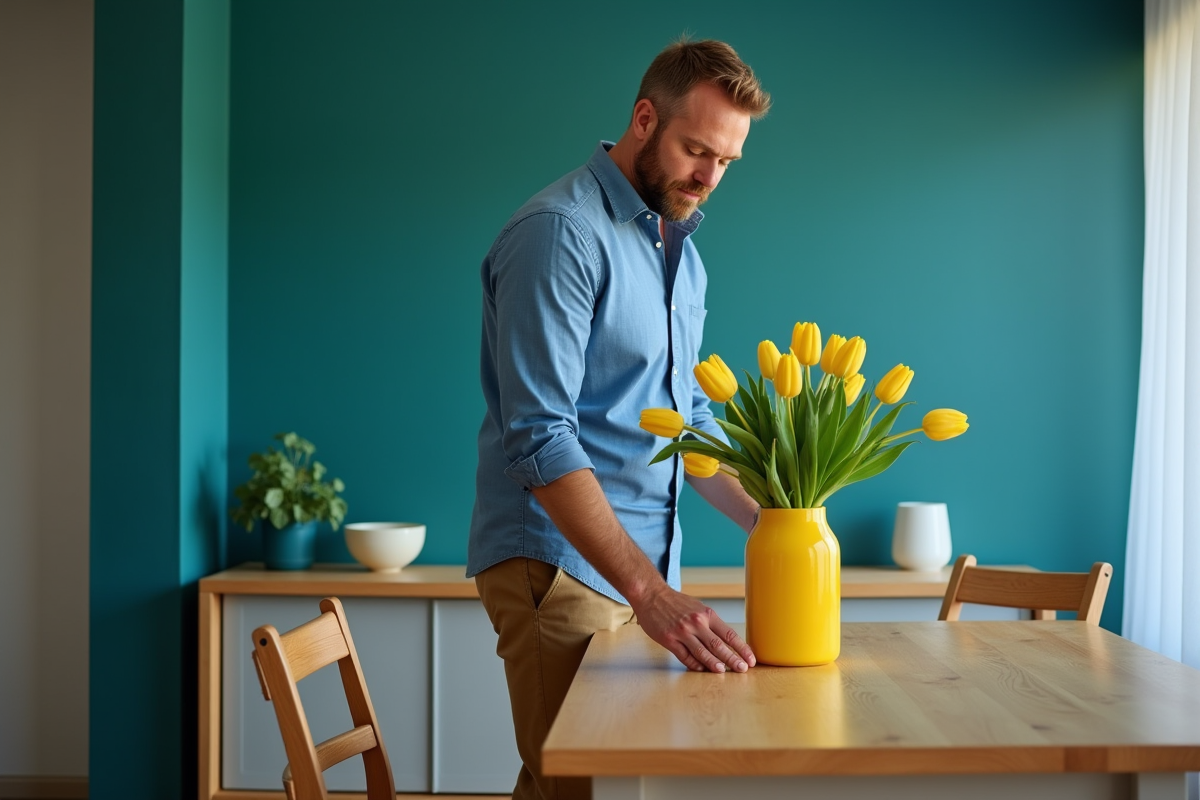Homme posant un vase de tulipes dans une salle à manger moderne