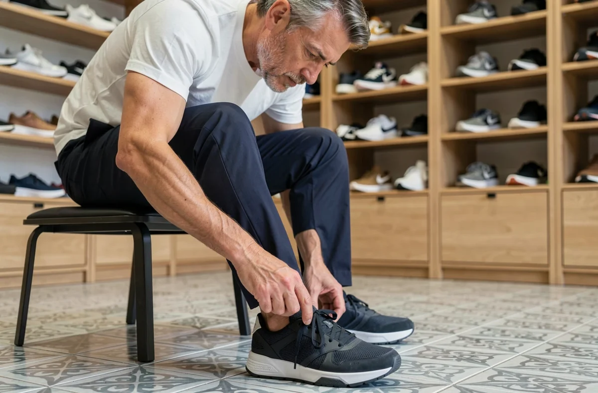 Homme testant une chaussure trop grande en magasin pour évaluer le besoin d'une semelle de compensation