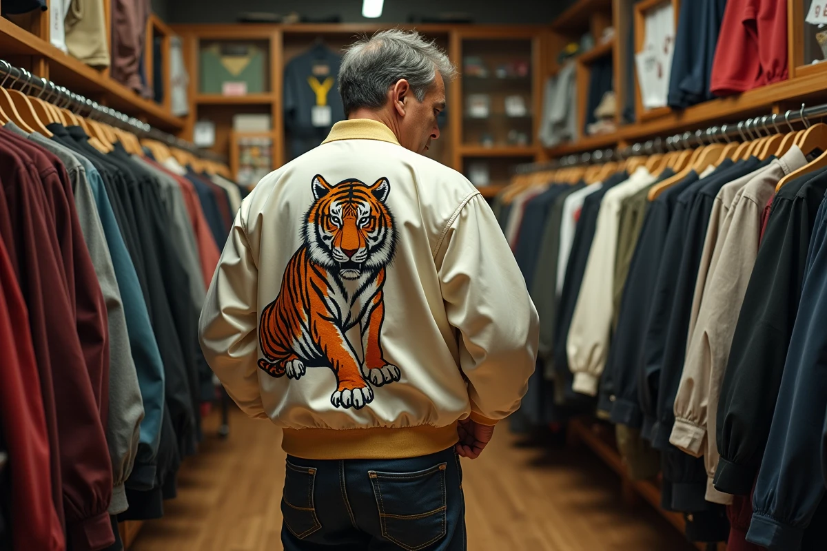 Homme portant une jacket souvenir japonaise vintage années 60 avec tigre brodé, examinant l'étiquette intérieure dans une boutique de vêtements vintage