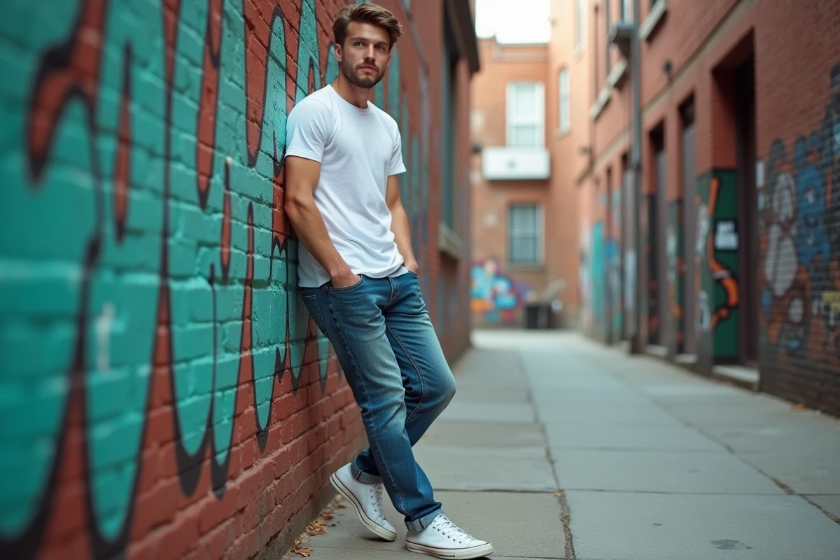Jeune homme en jean brut selvedge appuy&eacute; contre un mur de briques urbain, style inspir&eacute; des ic&ocirc;nes hollywoodiennes des ann&eacute;es 1980 et de la culture pop du denim