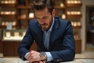Jeune homme en costume examine une montre de luxe