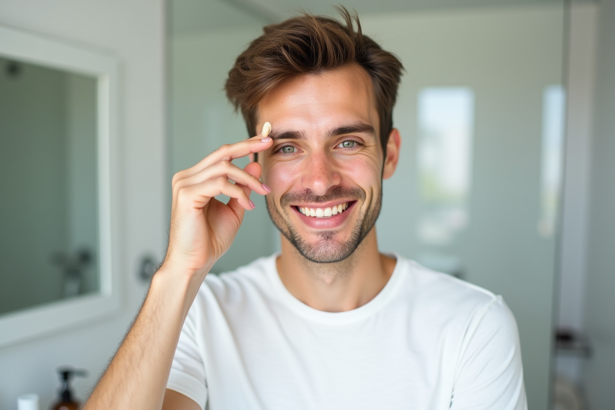 Jeune homme appliquant du fond de teint dans sa salle de bain