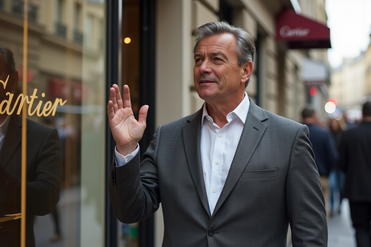 Homme français en costume gesticulant dans la rue parisienne